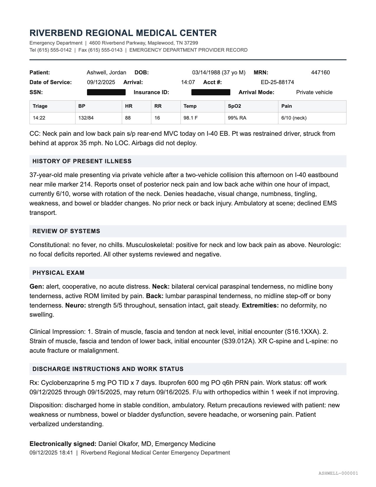 Typed emergency department record on Riverbend Regional Medical Center letterhead: a triage vitals block, a chief complaint line describing neck and low back pain after a rear-end collision on I-40 eastbound, a clinical impression section listing cervical strain S16.1XXA and lumbar strain S39.012A, and a discharge section with cyclobenzaprine and ibuprofen prescriptions plus an off-work note through September 15.