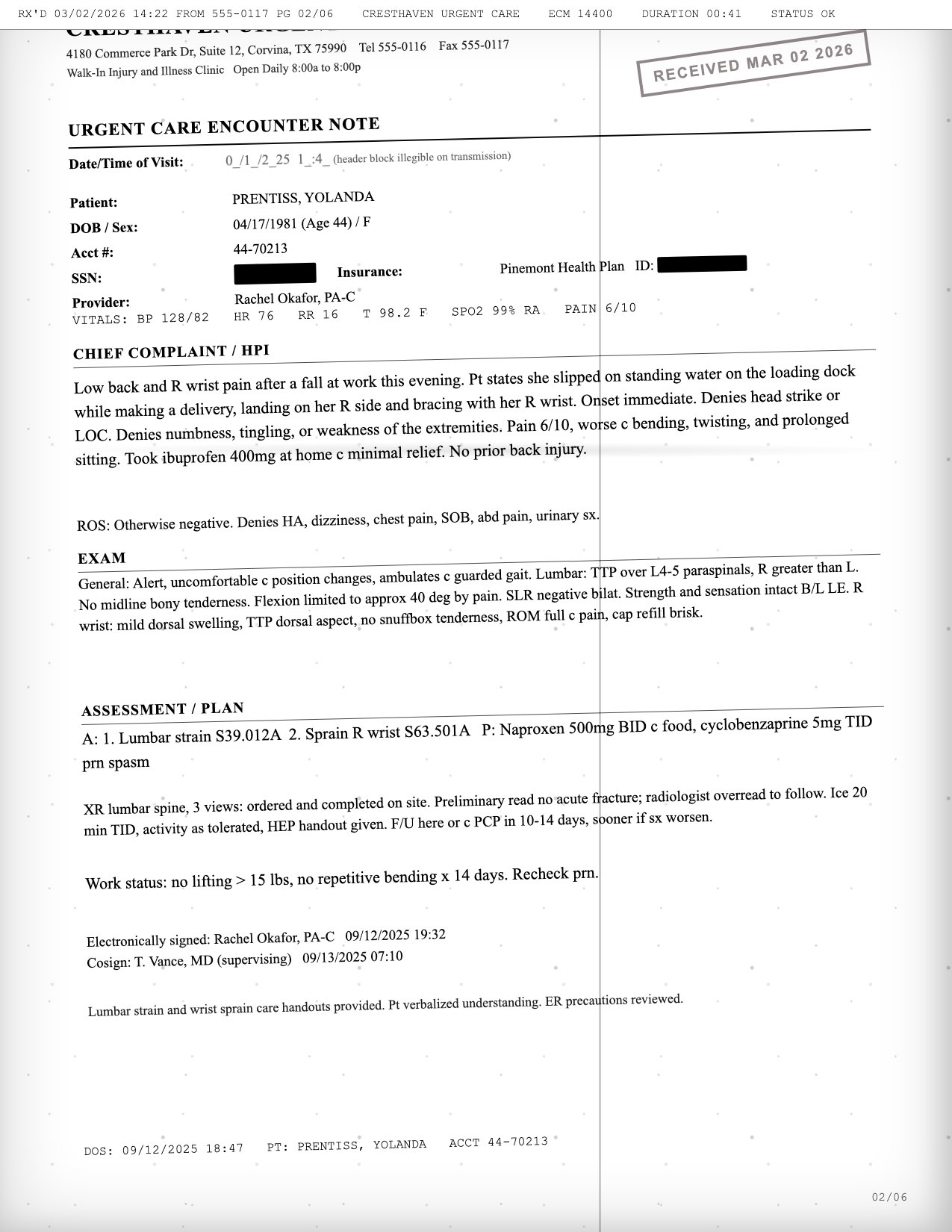 A faxed urgent-care record, one of the messy sample documents Verdica reads